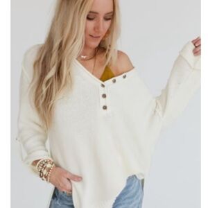 Relaxed Cream Button-Front V-Neck Tunic Sweater